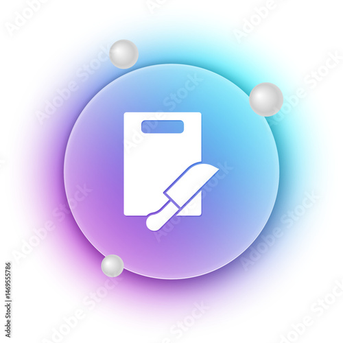 White Cutting board and knife icon isolated on white background. Chopping Board symbol. Cutlery symbol. Blue and purple gradient circle background. Vector