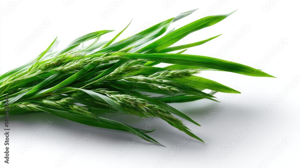 Fototapeta premium Long blade of healthy green grass diagonally placed on a bright white background