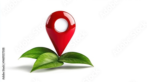 Red Location Pin Icon Sprouting from Green Leaves on White