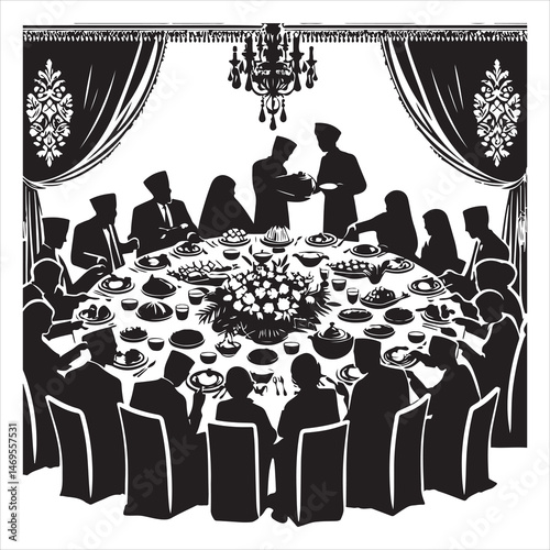 Celebratory Wedding Banquet Silhouettes Guests Eating and Mingling  , black colour vactor 
