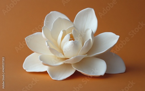 Close-up of a pristine, detailed,  white flower,  against a soft orange background.  Soft focus,  high quality,  studio shot,  floral,  artistic,  minimalist,  decoration.
