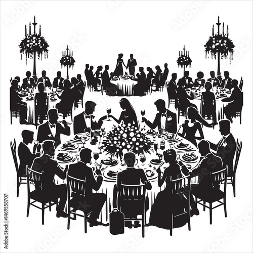 Celebratory Wedding Banquet Silhouettes Guests Eating and Mingling  , black colour vactor 
