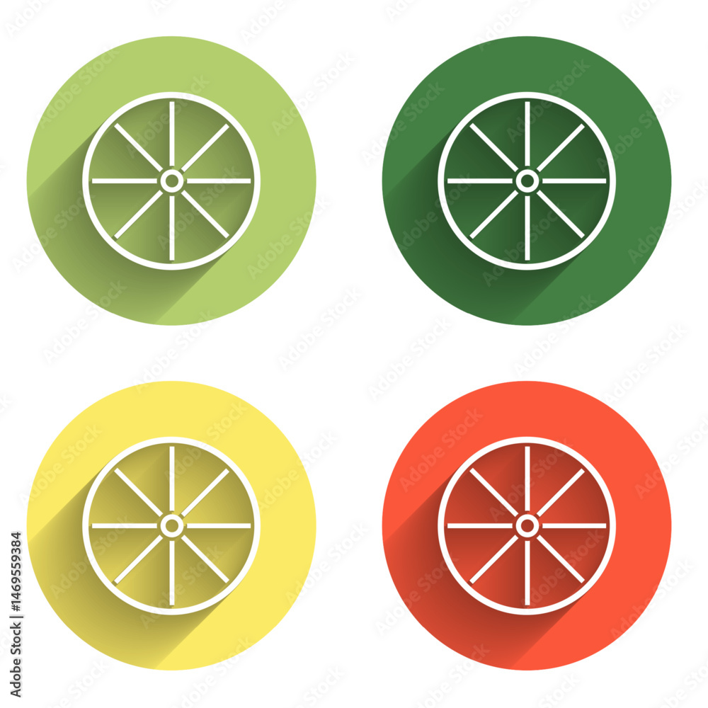 Set Bicycle wheel icon isolated with long shadow background. Bike race. Extreme sport. Sport equipment. Color circle button. Vector Set Bicycle wheel icon isolated with long shadow background. Bike race. Extreme sport. Sport equipment. Color circle button. Vector