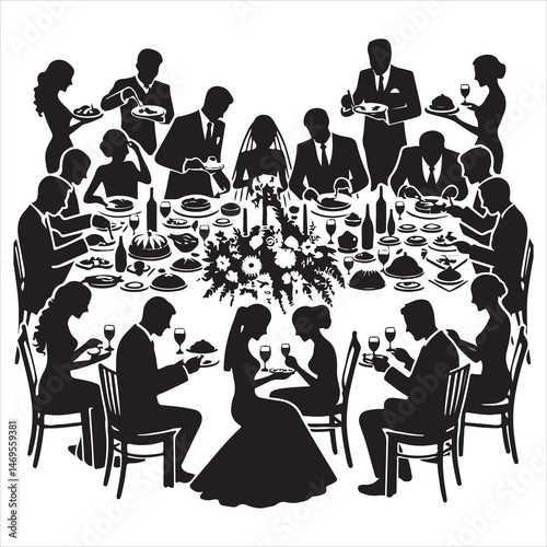Celebratory Wedding Banquet Silhouettes Guests Eating and Mingling  , black colour vactor 