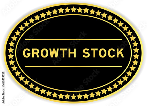 Black and gold color oval label sticker with word growth stock on white background
