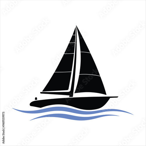 Simple black sailboat sailing on blue waves isolated on white background