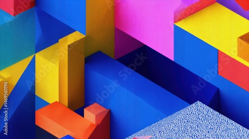 Vibrant geometric color block composition with bold red, orange, yellow, green, blue, purple, pink hues in dynamic arrangement. Modern abstract design with layered cubes and dimension