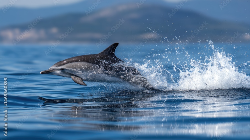 Fototapeta premium Playful striped dolphin making a splash as it jumps out of the ocean on a bright summer day