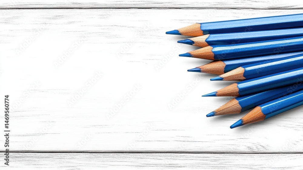 Obraz premium Blue Pencils on White Wooden Background with Copy Space