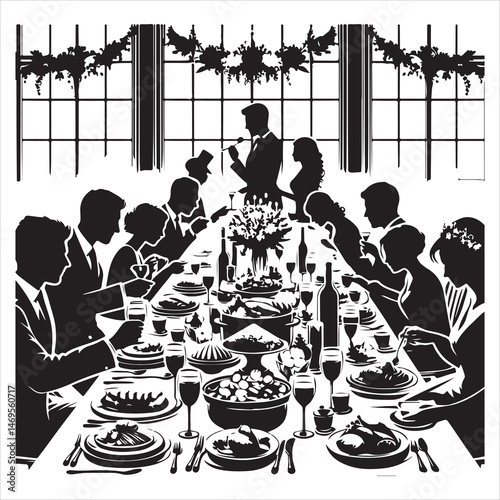 Celebratory Wedding Banquet Silhouettes Guests Eating and Mingling  , black colour vactor 