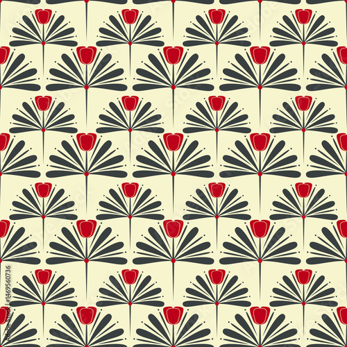 Abstract flower seamless pattern on a beige background. Art Deco tulip endless print.
