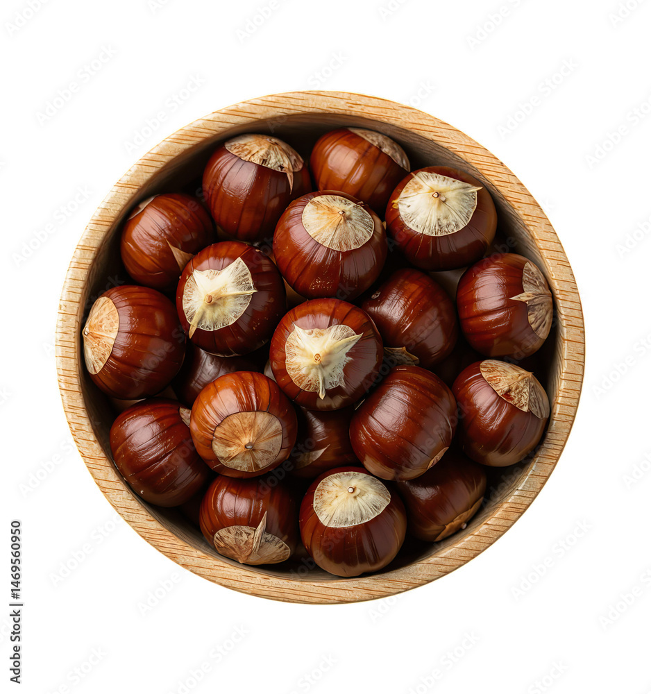 Obraz premium Brown Chestnuts in Wooden Bowl, Isolated Transparent Background