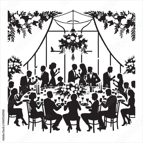 Celebratory Wedding Banquet Silhouettes Guests Eating and Mingling  , black colour vactor 