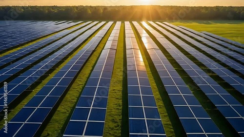 Aerial view of large solar panel farm with long rows of photovoltaic cells capturing sunlight in green landscape during sunrise or sunset

