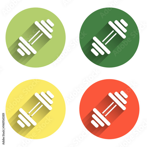 Set Dumbbell icon isolated with long shadow background. Muscle lifting icon, fitness barbell, gym, sports equipment, exercise bumbbell. Color circle button. Vector