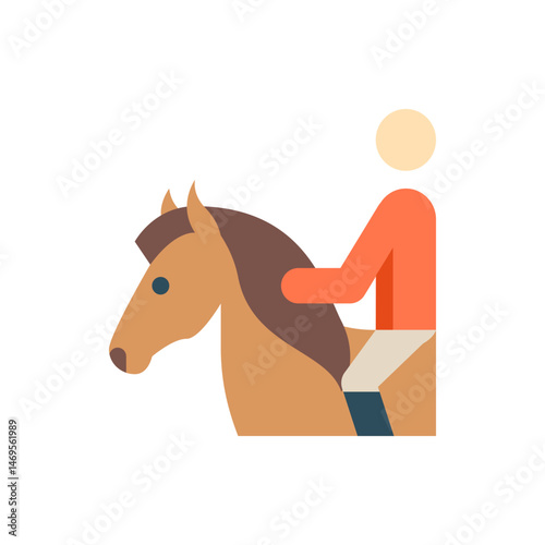 Illustration depicting a person riding a horse with a tan body and a brown mane and tail design element