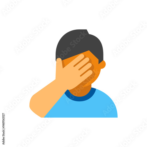 Person with hand covering face wearing a blue shirt and dark hair in a cartoon style illustration