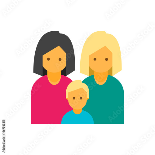 Illustration of two women with different hair colors and a child posing together in a family portrait