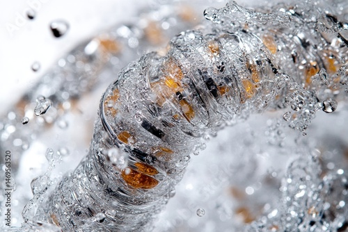 Water flowing through a coiled tube.  Bubbles and drops surround it