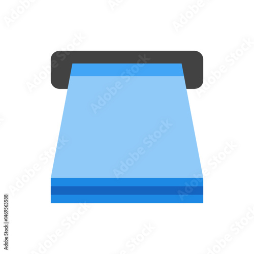 Illustration of a stylized atm machine dispensing cash with a dark gray top and blue cash coming out