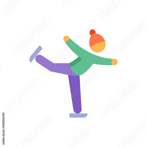 Illustration of a figure skater in a green shirt and purple pants performing a skating pose on ice rink