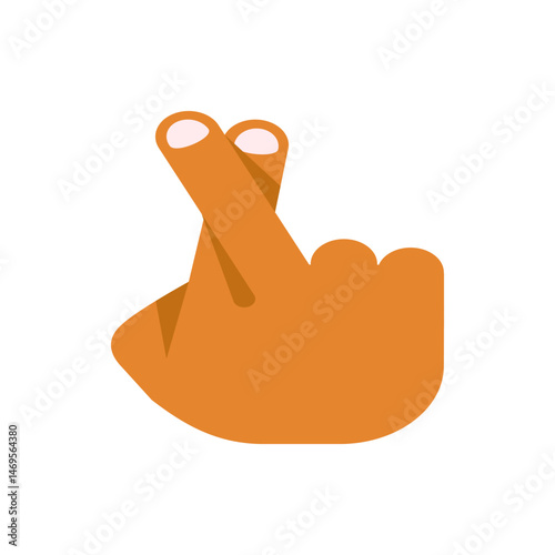 An orange hand with crossed fingers gesture for good luck or hope with white fingernails shown clearly here