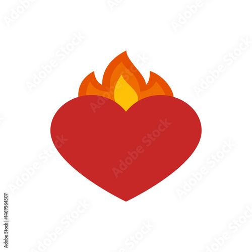 Illustration of a red heart with orange and yellow flames emanating from the top on a white background