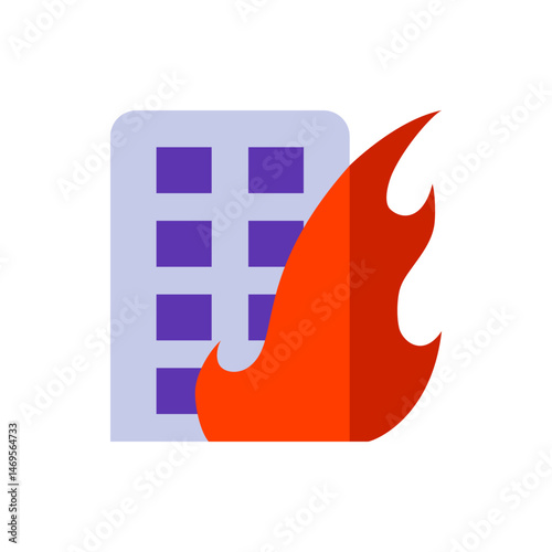 Illustration of a building with visible windows engulfed in bright orange and red flames on the right side