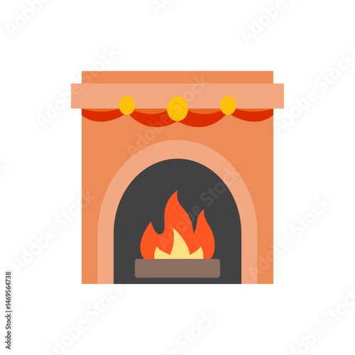 Illustration of a decorated fireplace with a roaring fire and a festive garland on the mantelpiece