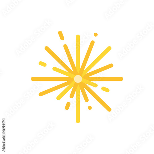 Illustration of a golden firework with radiating lines and small dots on a white plain background
