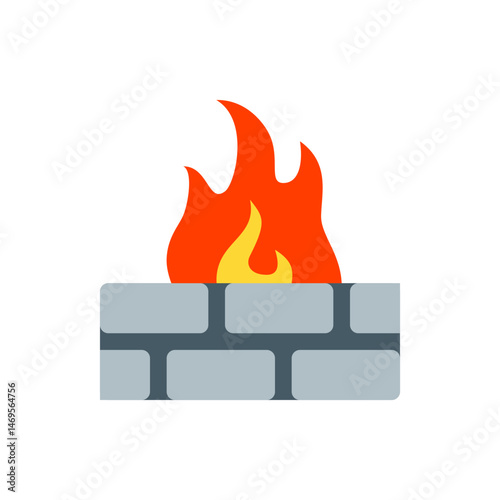Illustration of a firewall with a brick wall and flames rising above it in a flat vector style design