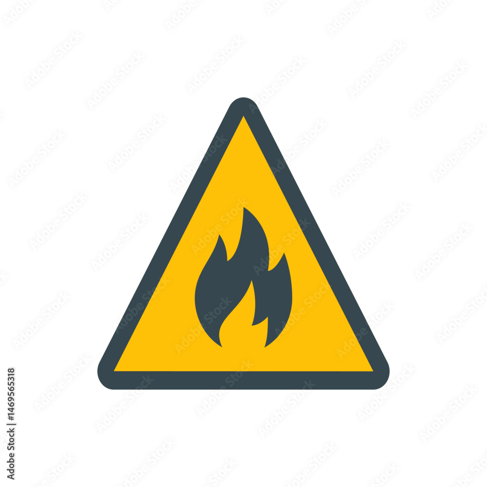 Illustration of a yellow triangle warning sign with a dark gray flame symbol in the center of the triangle Illustration of a yellow triangle warning sign with a dark gray flame symbol in the center of the triangle