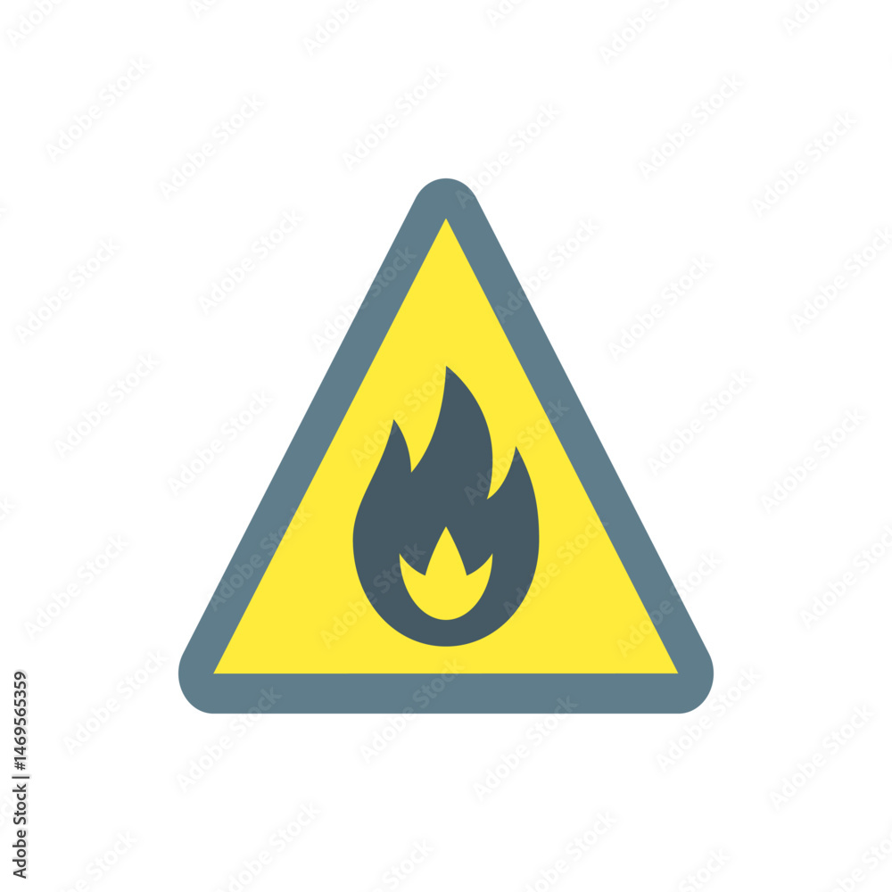 A hazard symbol featuring a flame inside a yellow triangle with a gray border warning of fire danger present A hazard symbol featuring a flame inside a yellow triangle with a gray border warning of fire danger present