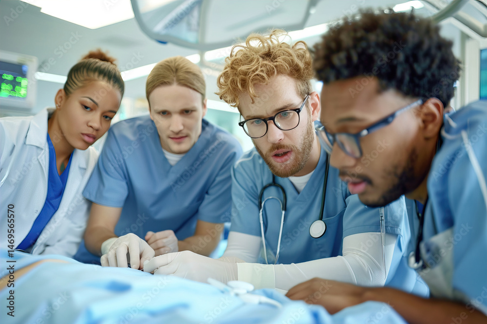Obraz premium Medical students stitch artificial skin model, focusing on precision under intense surgical lighting