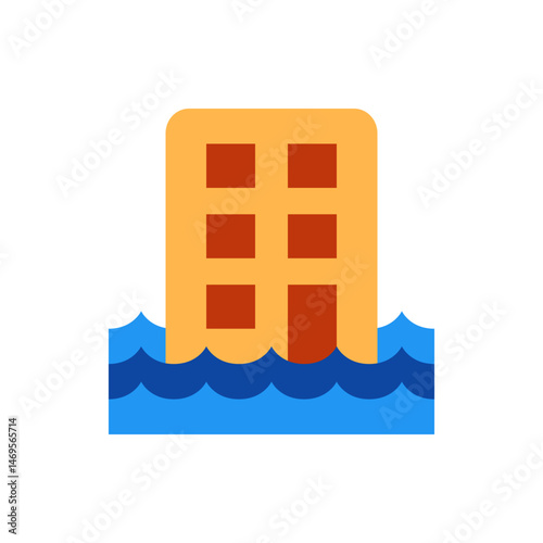 Illustration of a building with orange walls and brown windows submerged in blue water with wave details