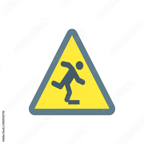 Caution sign depicting a person tripping over a step on a yellow triangle with a gray border warning of hazard