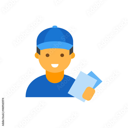 Illustration of a delivery person holding documents wearing a blue cap and shirt with a smiling face