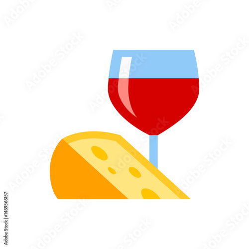 Illustration of a glass of red wine paired with a wedge of cheese on a plain white background scene style