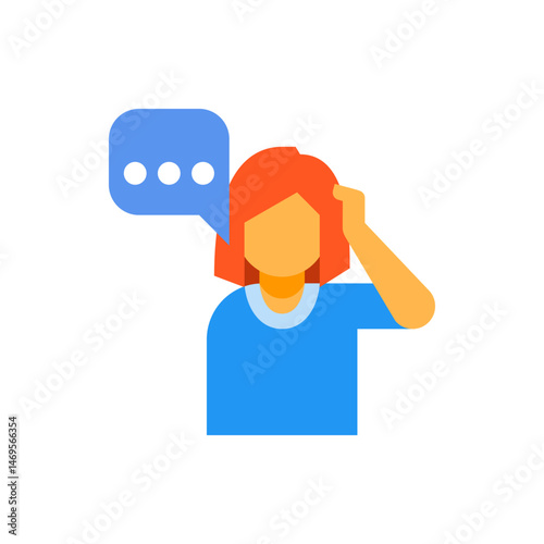 Illustration of a woman with red hair and a blue shirt thinking with a speech bubble with dots
