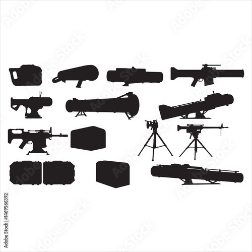 Military armament and troops silhouettes. Army aircraft, artillery, navy warships, submarine, helicopter, rockets, arc, soldier and paratrooper vector illustrations isolated on white background