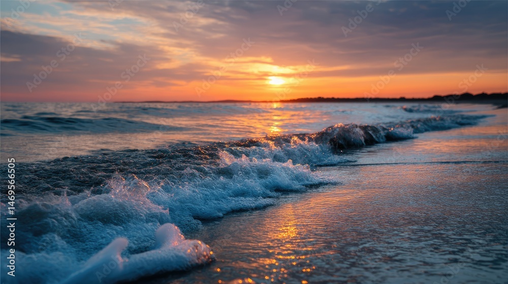 Obraz premium The horizon lit by a stunning orange sunset, with the sea glowing in vibrant colors and soft waves lapping at the shore