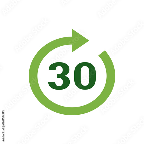 A green circular arrow rotating clockwise around the number thirty on a white background image view