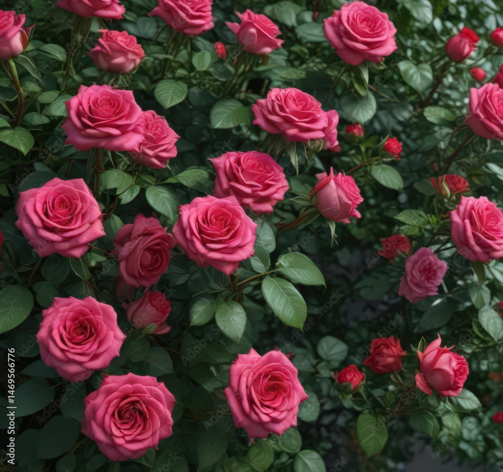 Obraz premium Vibrant pink and red roses bloom, lush green foliage , garden, valentines