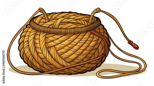 A handmade, earthy, rounded knitting bag crafted from twine and thread using a 2mm hook lies on a clean, white background, showcasing its natural texture Very beautiful white background