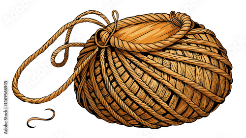 A handmade, earthy, rounded knitting bag crafted from twine and thread using a 2mm hook lies on a clean, white background, showcasing its natural texture Very beautiful white background