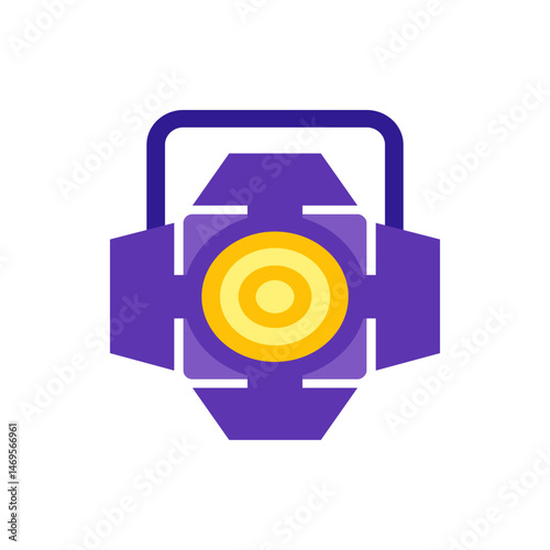 Illustration of a purple stage light with a yellow center and a handle on top for theatrical use