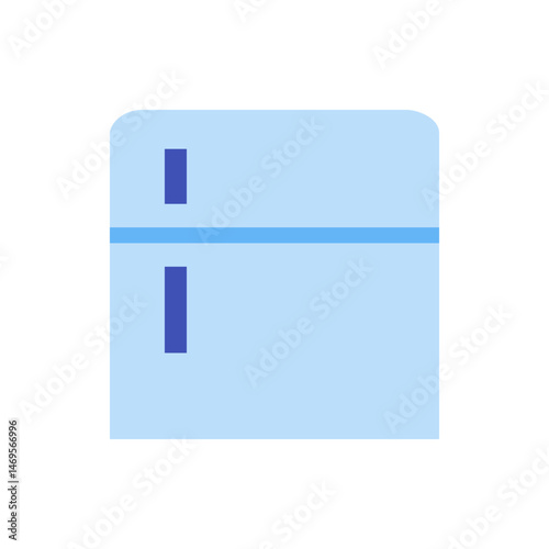 A light blue refrigerator with dark blue handles separated by a light blue horizontal line design element