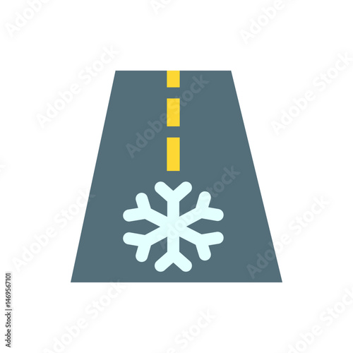 Illustration of a road with yellow lane markings and a snowflake indicating icy conditions or winter weather