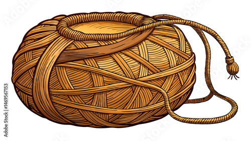 A handmade, earthy, rounded knitting bag crafted from twine and thread using a 2mm hook lies on a clean, white background, showcasing its natural texture Very beautiful white background