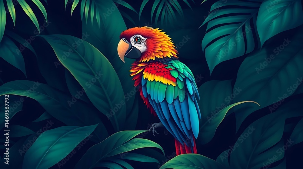 Fototapeta premium A vibrant, luxurious vector logo of a colorful parrot amidst tropical leaves, rendered in rich deep teal, featuring strong hard light and deep shadows